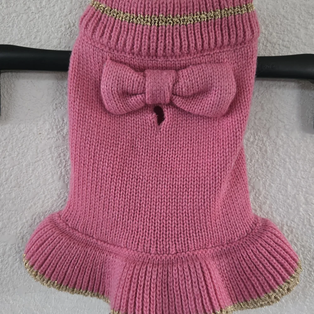 Pink Dog Sweater with Gold Trim and Bow - Picture 3 of 3